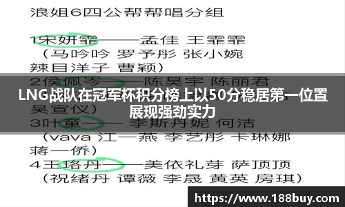 LNG战队在冠军杯积分榜上以50分稳居第一位置展现强劲实力